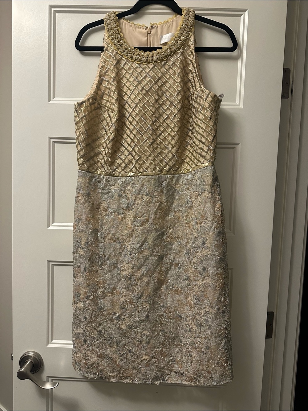 Mikael Aghal Metallic Gold Beaded Neckline Cocktail Dress